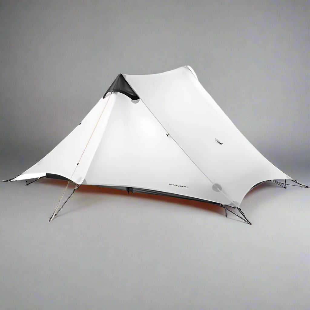 Ultralight gray 3-season 2-person tent for backpacking with trekking poles and easy setup. Best lightweight two-person camping tent.