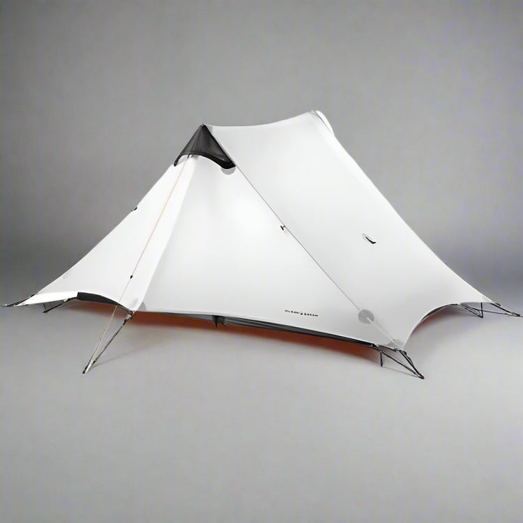 Ultralight gray 3-season 2-person tent for backpacking with trekking poles and easy setup. Best lightweight two-person camping tent.