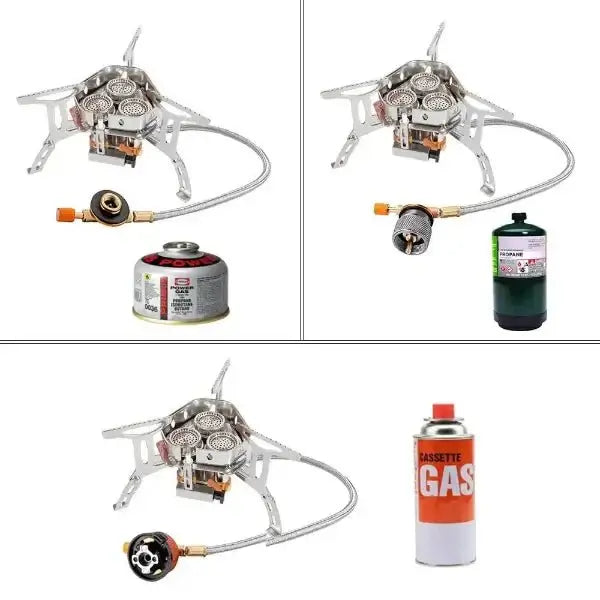 Portable 3 burner camp stoves with various gas canisters for outdoor cooking adventures.