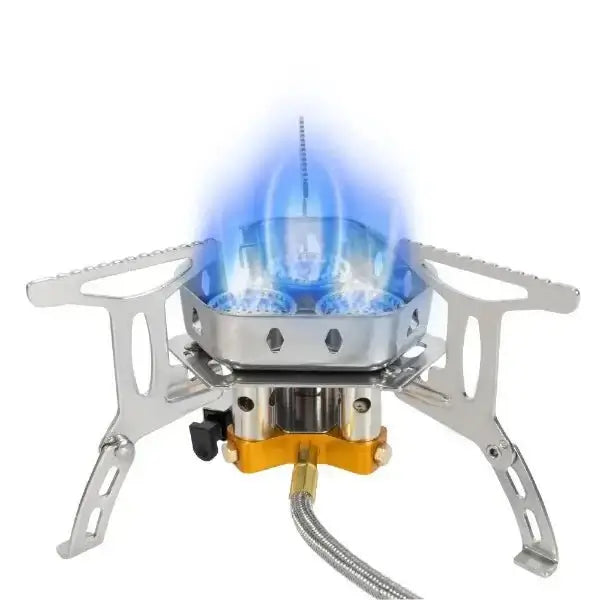 Compact 3-burner portable gas stove for camping with blue flames burning, ideal for outdoor cooking and adventures.