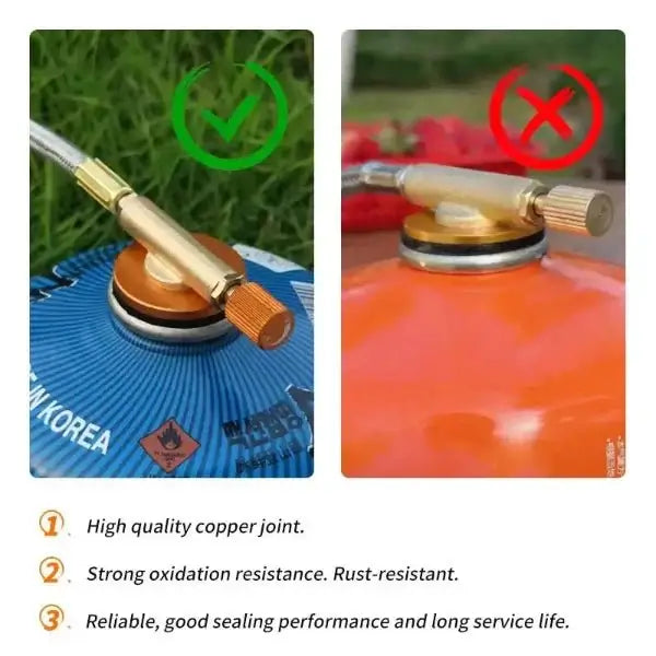 Proper and improper gas tank fittings comparison; correct fitting on blue tank with copper joint, incorrect fitting on orange tank.