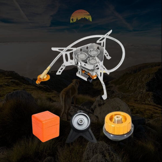 Portable 3 burner camp stove for outdoor cooking with additional accessories in scenic outdoor setting. Ideal for camping and picnics.
