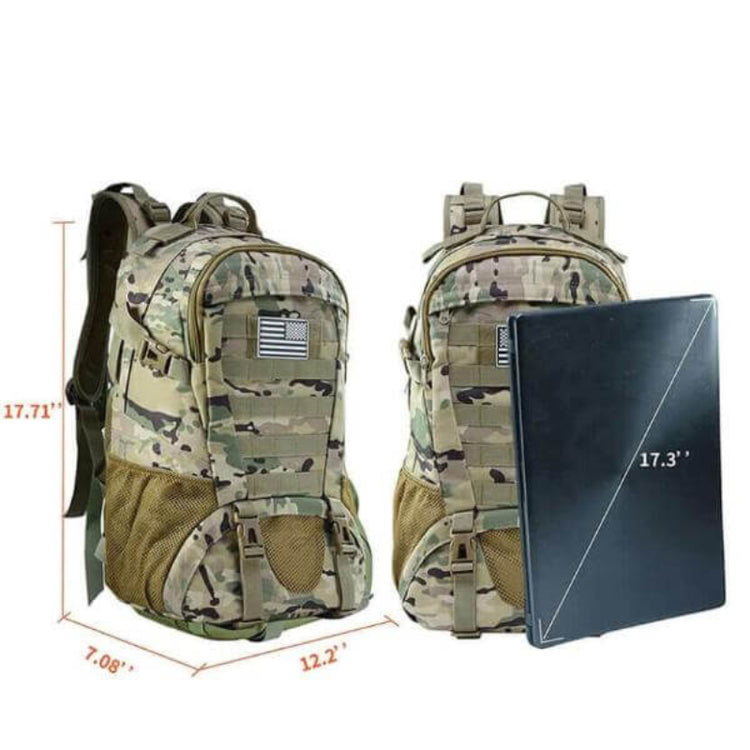 35L tactical military backpack with camouflage design, shown with 17.3-inch laptop for size comparison, ideal for outdoor adventures and durable storage