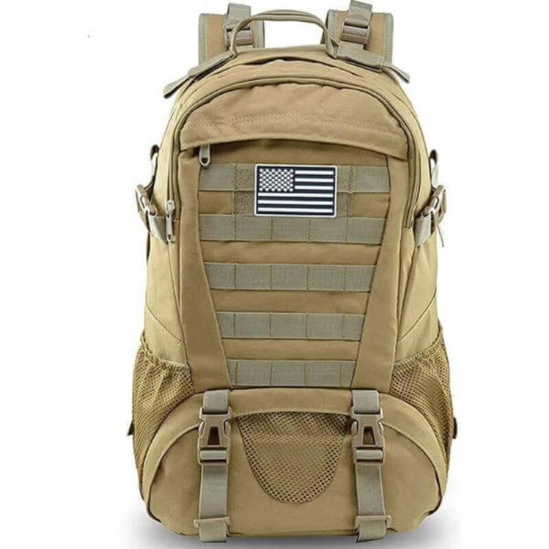 35L tactical military backpack in tan color with weatherproof, durable construction and versatile storage for outdoor adventures and daily use