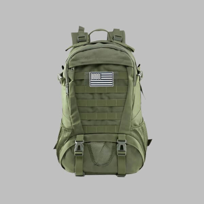 35L Tactical Military Backpack in olive green color with American flag patch, featuring durable straps and versatile storage compartments.