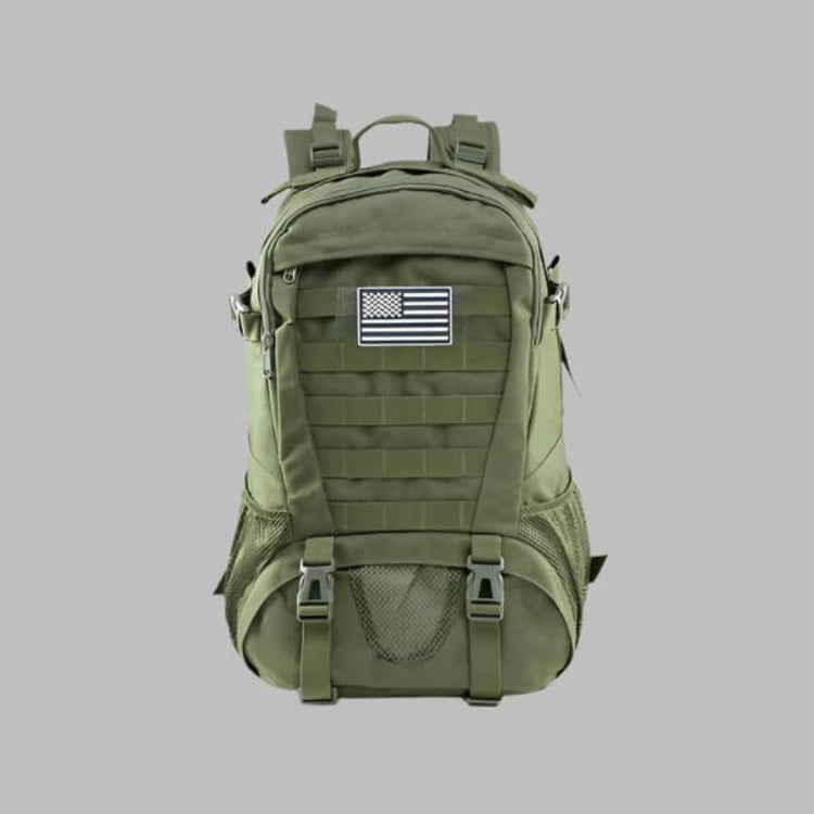 35L Tactical Military Backpack in olive green color with American flag patch, featuring durable straps and versatile storage compartments.
