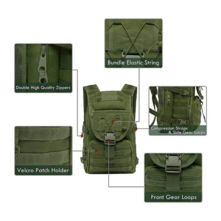 40L tactical backpack with weather resistance featuring zippers, elastic string, Velcro patch holder, gear loops, and compression straps.