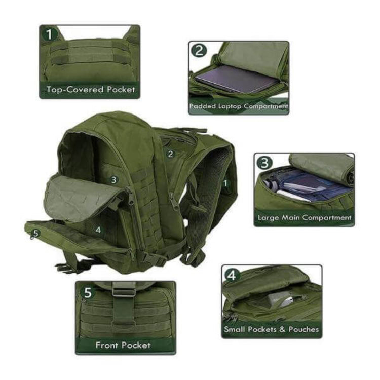 40L tactical backpack with 5 distinct compartments including a padded laptop compartment, top-covered pocket, large main compartment, front pocket, and small pouches.