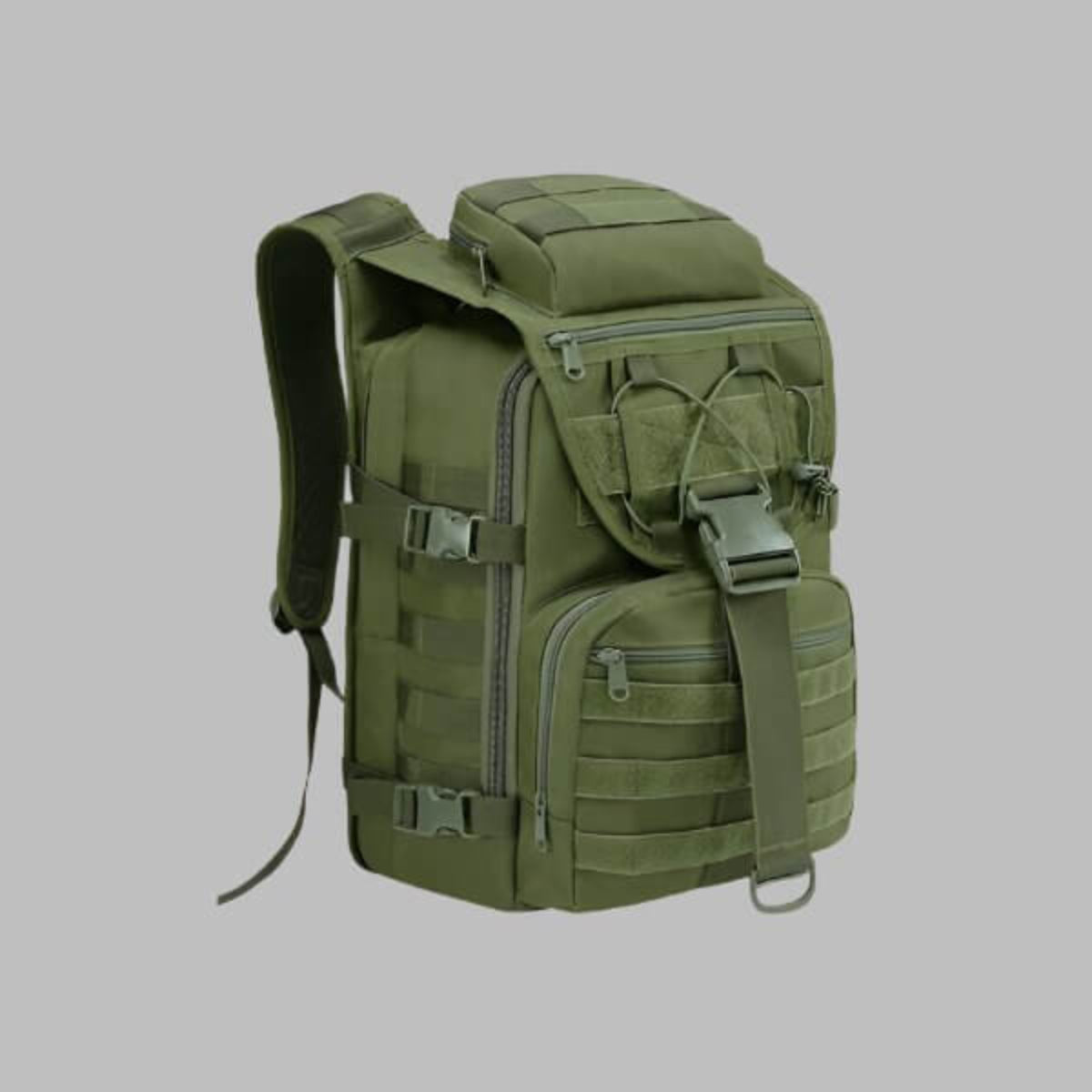 40L tactical backpack in green, military-grade with weather resistance, durable design for hunting, cycling, running, and adventure enthusiasts.