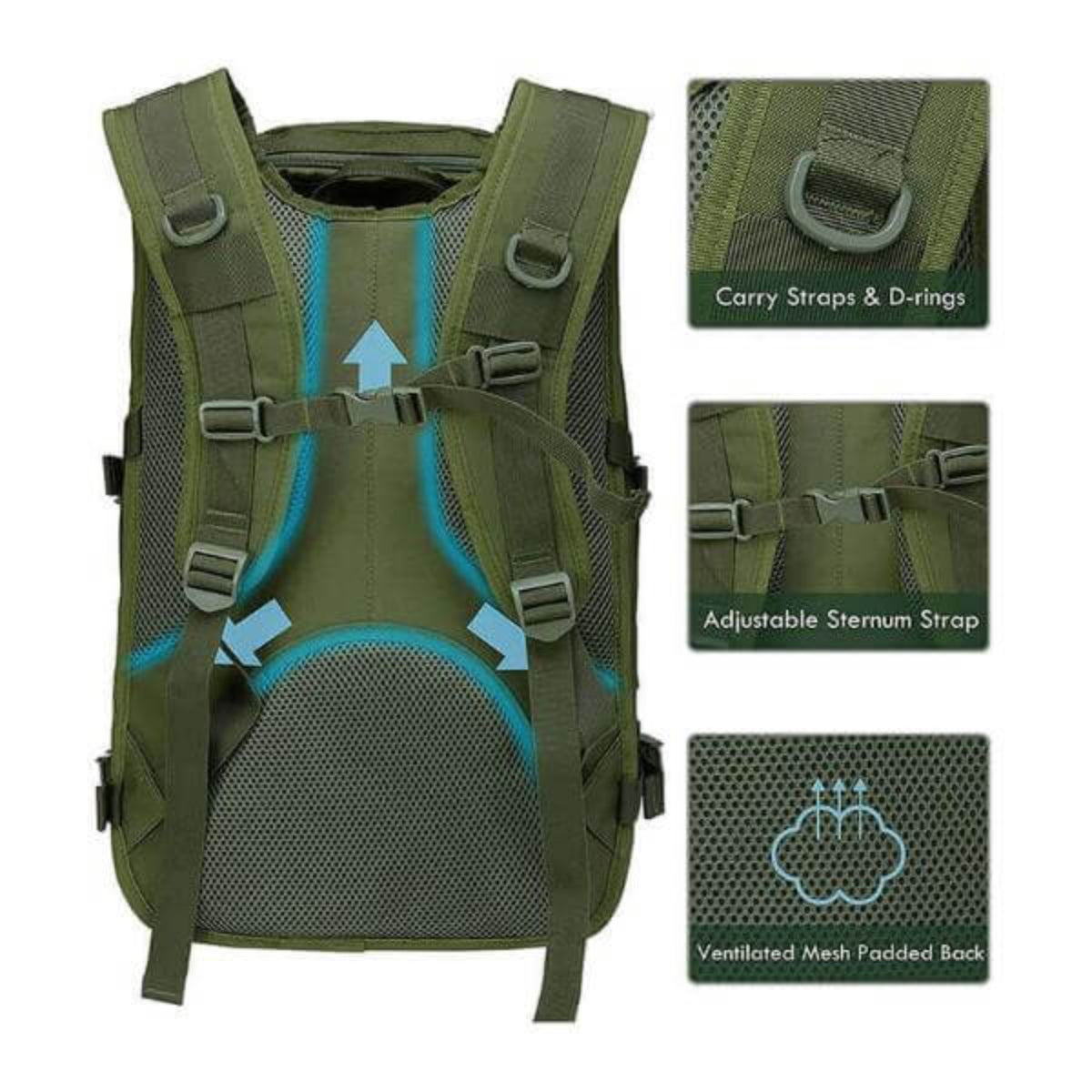 40L tactical backpack with adjustable sternum strap, carry straps & D-rings, and ventilated mesh padded back, ideal for rugged environments