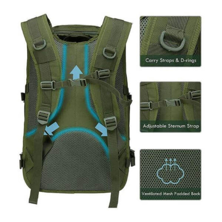 40L tactical backpack with adjustable sternum strap, carry straps & D-rings, and ventilated mesh padded back, ideal for rugged environments