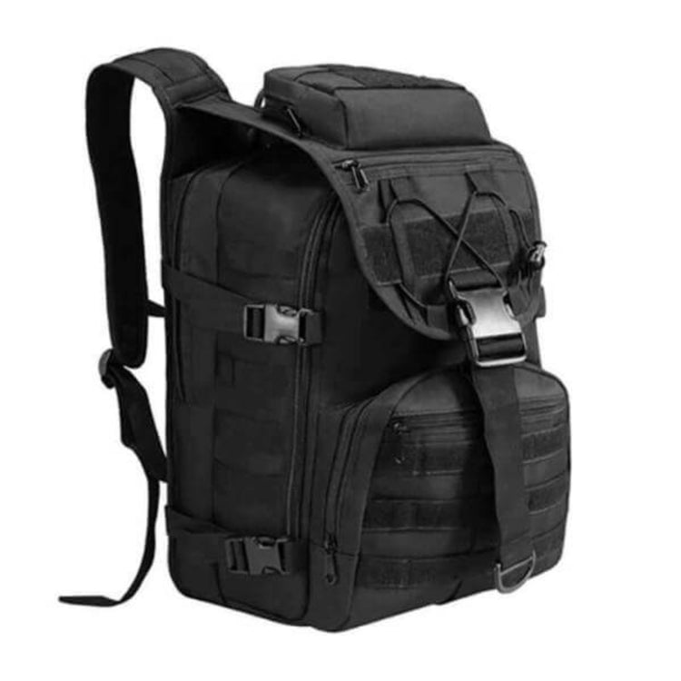 Military-grade 40L black tactical backpack with weather-resistant features and high durability for outdoor adventures and rugged environments.