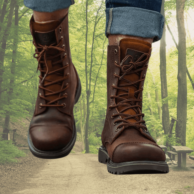 Low-angle view of brown leather hunting boots with red laces and dark brown toe cap, worn with blue jeans while walking on a forest path.