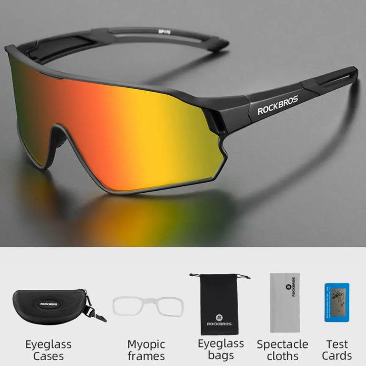 polarized sunglasses for cycling and hiking, featuring a black frame, colorful polarized lenses, and included accessories: eyeglass cases, myopia frames, eyeglass bags, spectacle cloths, and test cards.