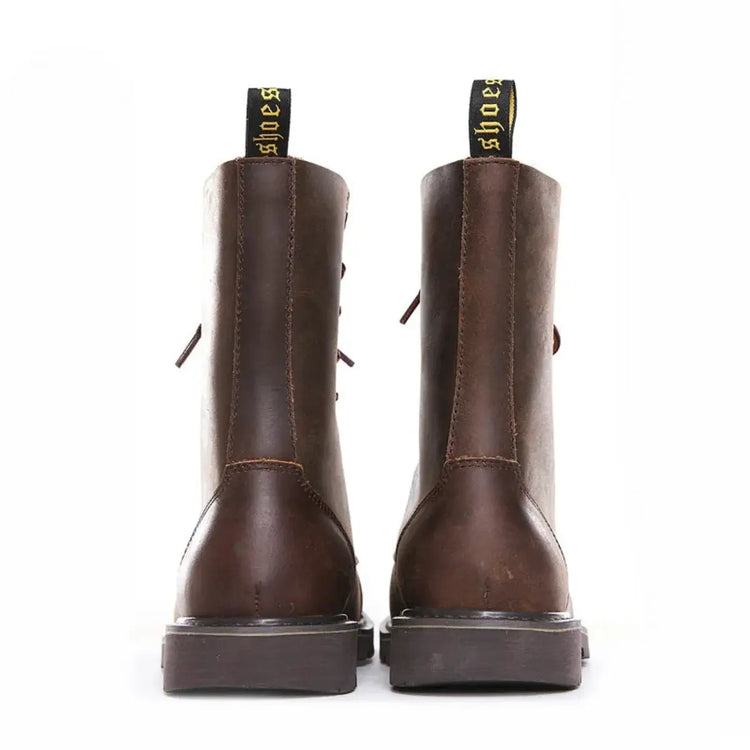 Pair of brown waterproof leather hunting boots showing side profile with red laces and non-slip sole against a white background.
