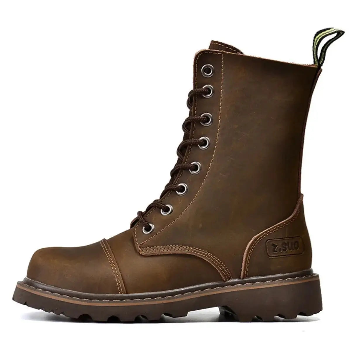 Side view of a brown leather lace-up combat boot with dark brown toe cap, metal eyelets, yellow pull tab, and &