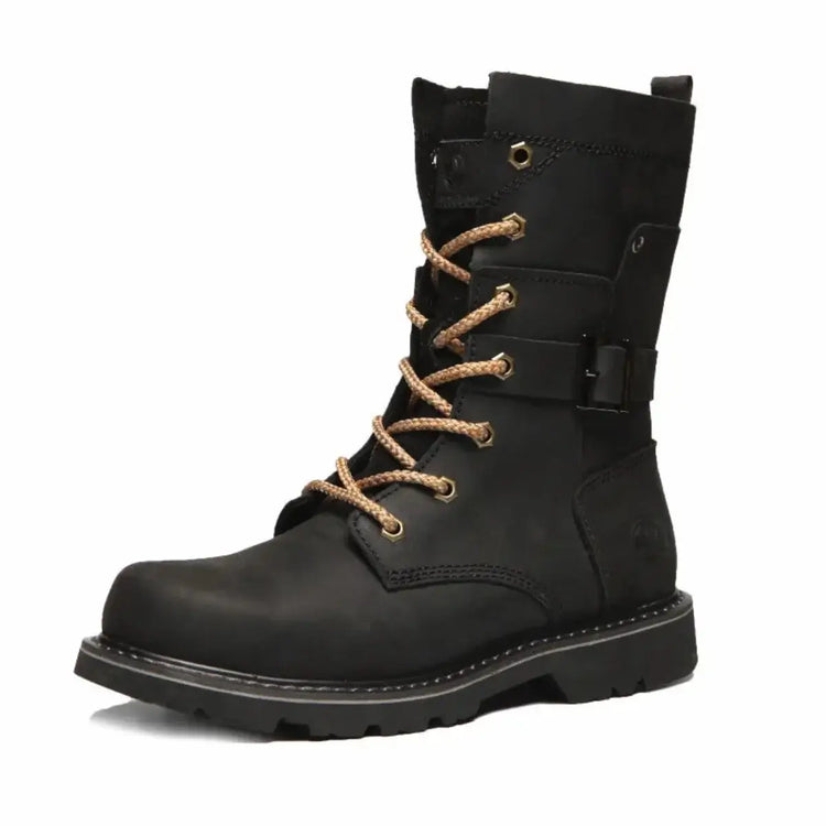 Black full-grain leather hiking boot featuring light brown laces, buckle strap, rugged outsole, detailed stitching, padded collar, and matte finish against a white