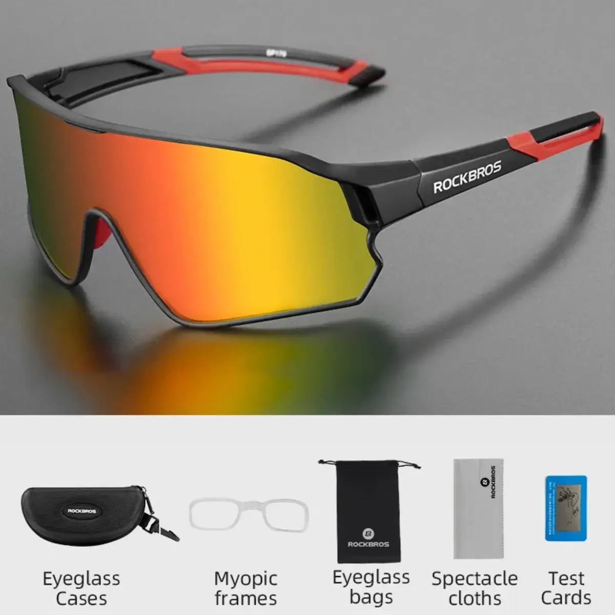 Polarized Cycling Glasses: black frame, colorful lenses, with accessories.