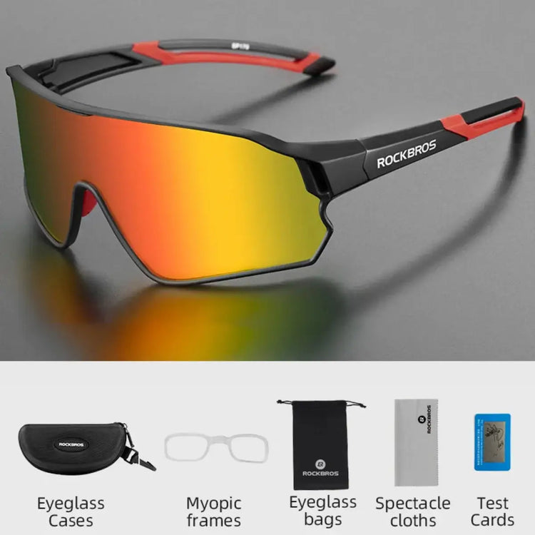 Polarized Cycling Glasses: black frame, colorful lenses, with accessories.