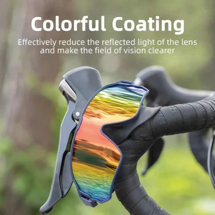 Sport Photochromic Polarized Glasses on bicycle handlebars, multi-colored lenses.
