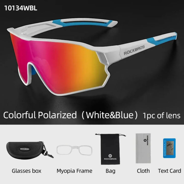 polarized sunglasses for cycling and hiking, featuring a white and blue frame, colorful polarized lenses (pink to yellow)