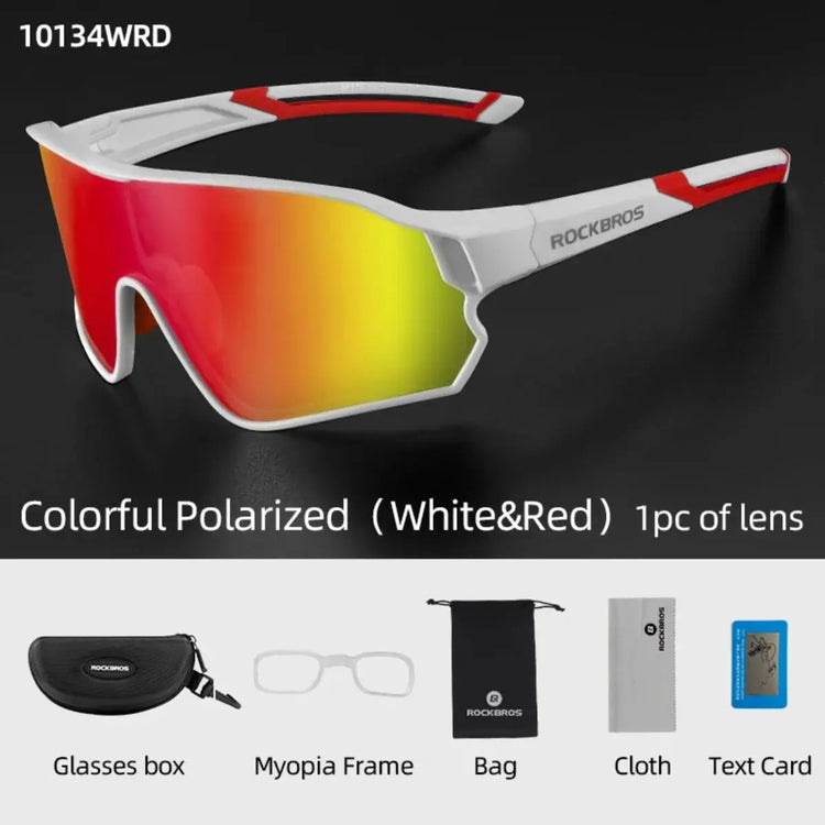 Polarized sunglasses for cycling and hiking, white and red frames, colorful lenses, with glasses box, myopia frame, bag, cloth, and text card.