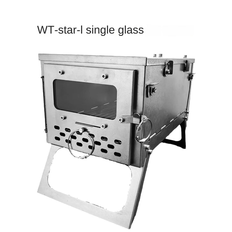 "Portable camping stove with single glass window (monochrome)."