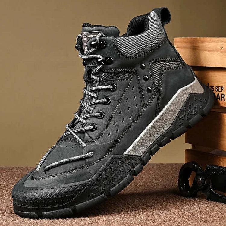 Black lightweight waterproof hiking shoes with slip-resistant sole, perfect for outdoor adventures.