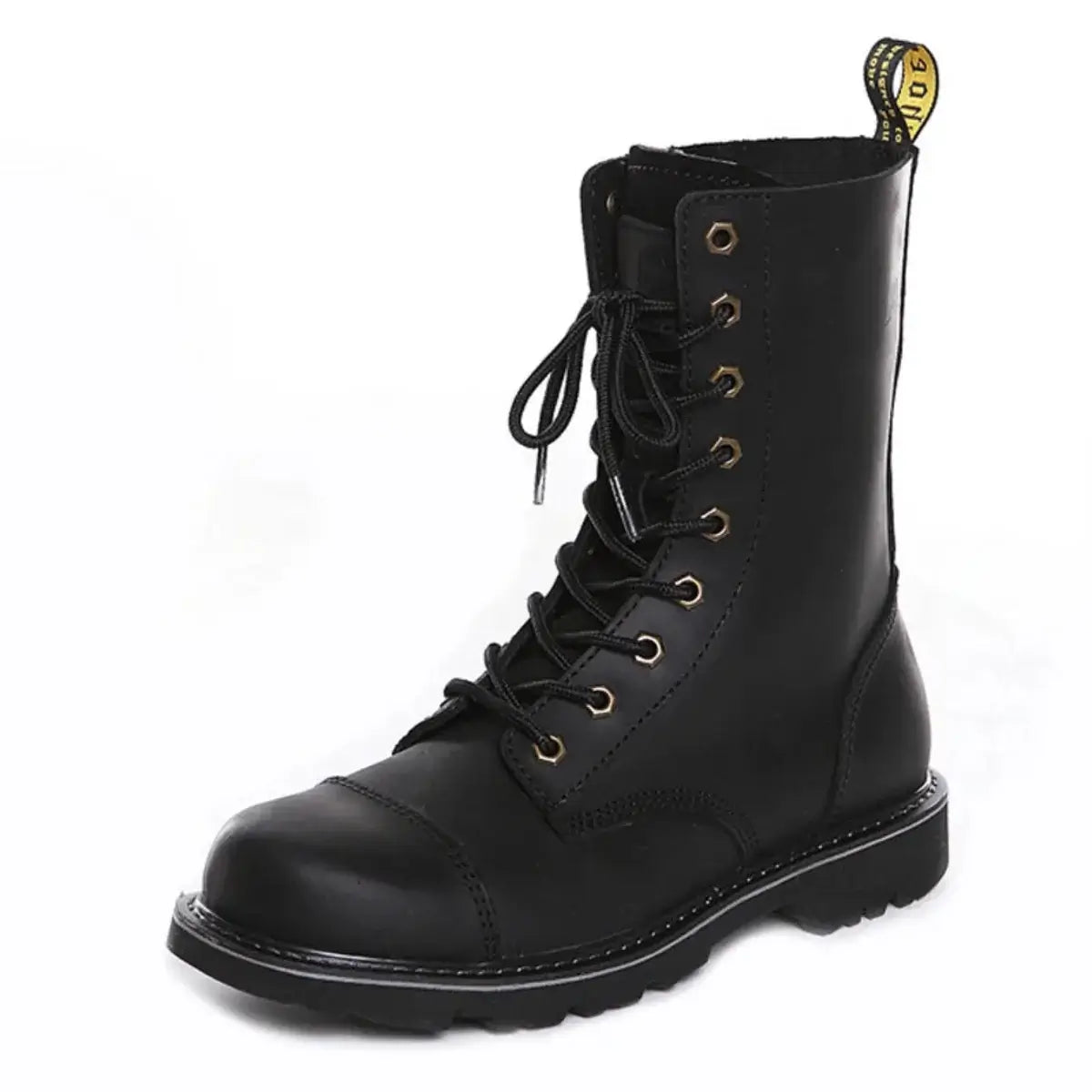 Black leather lace-up hiking boot featuring smooth leather upper, distinct toe cap, metal eyelets, black laces, visible stitching, yellow pull tab, and thick sole.