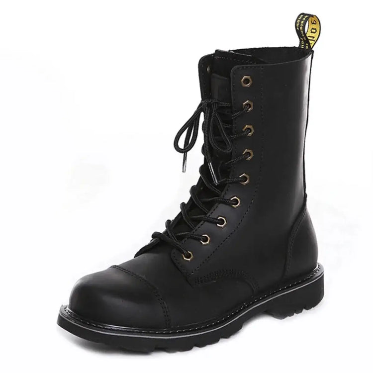 Black leather lace-up hiking boot featuring smooth leather upper, distinct toe cap, metal eyelets, black laces, visible stitching, yellow pull tab, and thick sole.