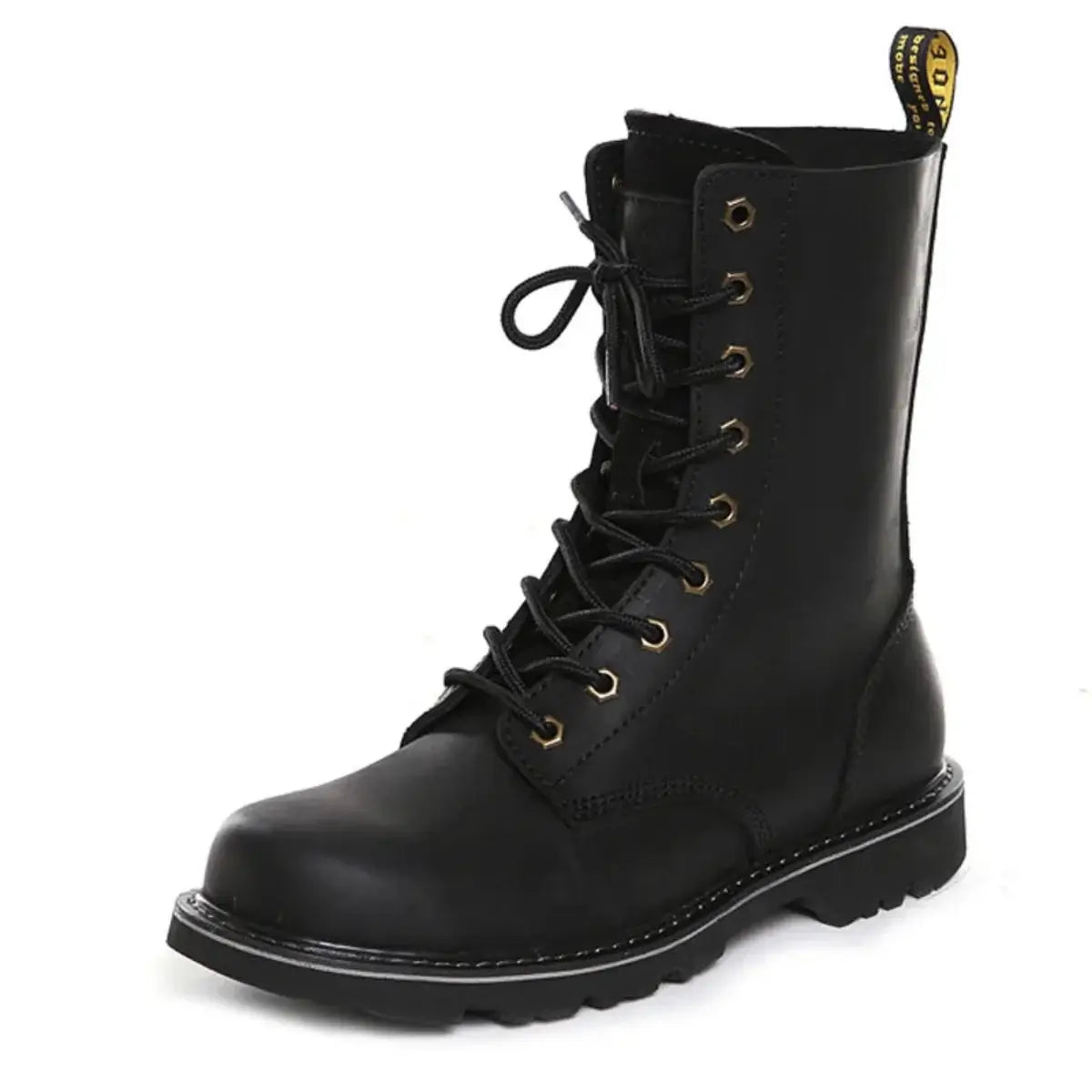 Side view of a black leather lace-up combat boot with distinct black toe cap, metal eyelets, and yellow pull tab against a white background.