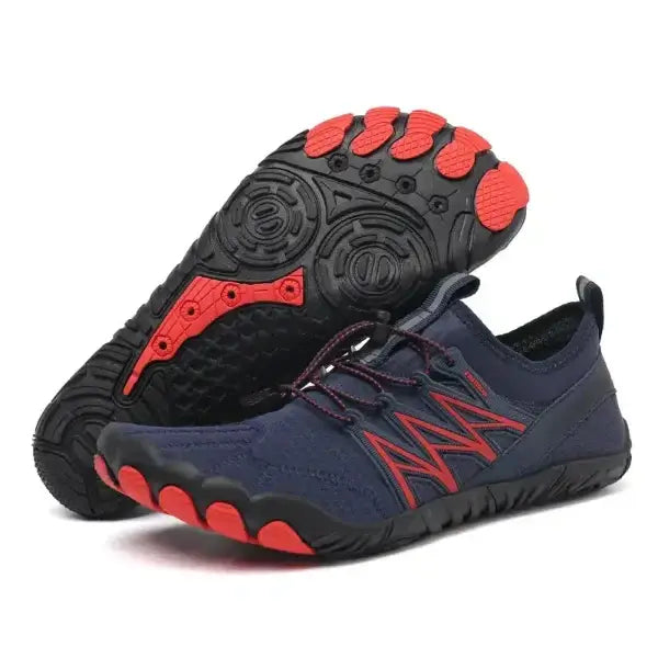 Unisex barefoot water shoes with elastic quick dry upper, soft wear-resistant sole, and thousands of drain holes in navy blue and red