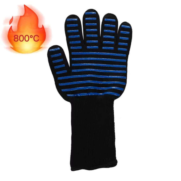 Heat resistant BBQ glove with blue stripes, capable of withstanding up to 800°C, ideal for grilling, cooking, and baking safely.