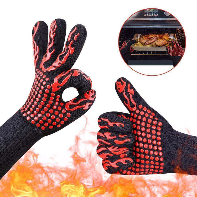 BBQ gloves silicone heat resistant up to 1472°F with red flame design, perfect for grilling, baking, and handling hot pots.