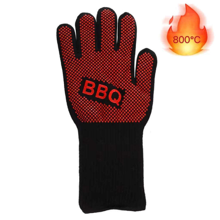 Black and red BBQ glove, heat resistant up to 800°C, designed for grilling, cooking, and baking with high-temperature protection.