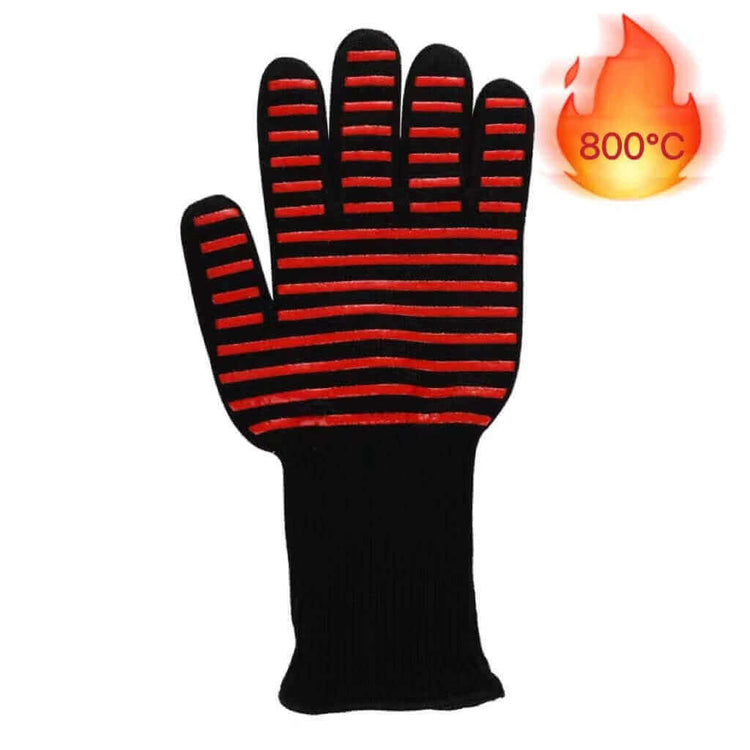 Silicone BBQ glove heat-resistant up to 800°C with red stripes, ideal for grilling, cooking, baking, and handling hot pots