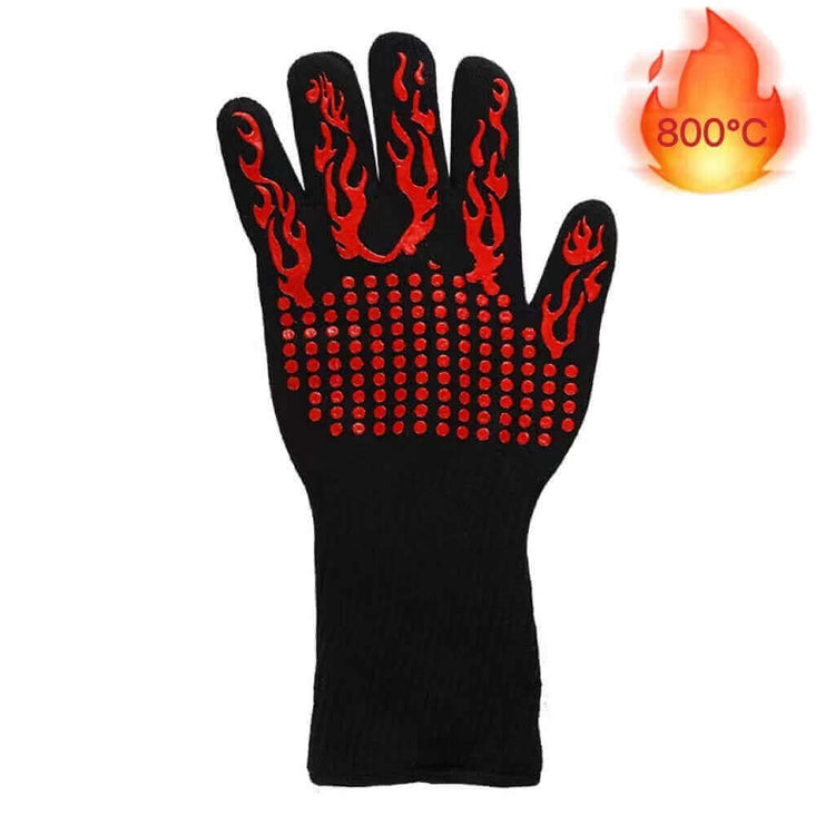 Black heat-resistant BBQ glove with red flames, ideal for grilling and handling hot pots up to 1472°F (800°C).