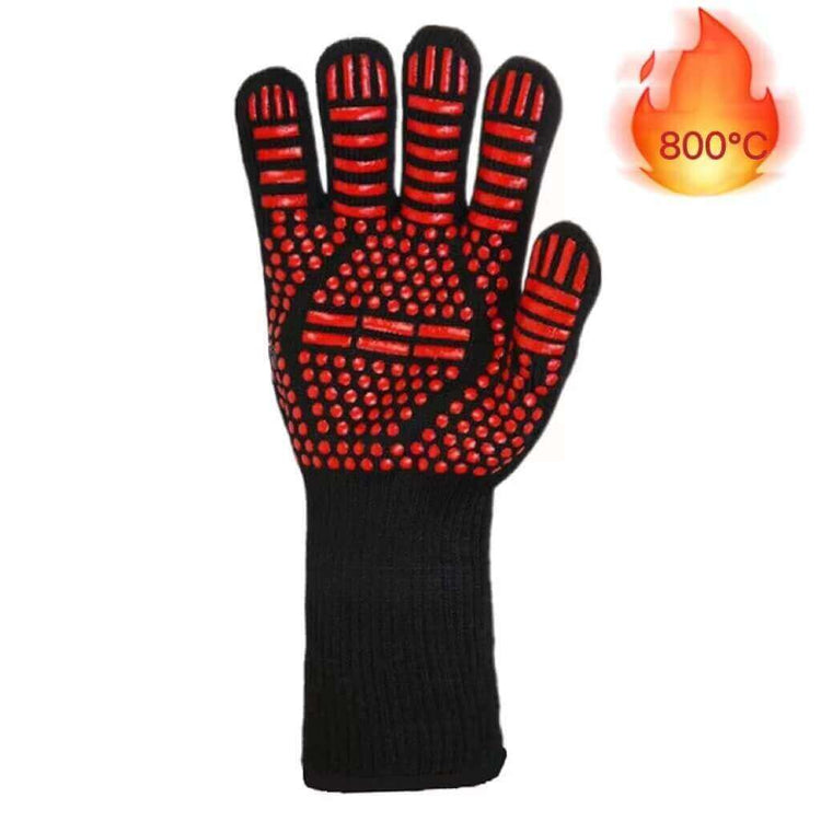 Heat-resistant BBQ glove with red silicone grip, designed for cooking, grilling, and baking at temperatures up to 800°C.