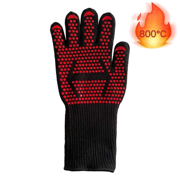 Black heat resistant BBQ gloves with red silicone grips and heat resistance indicator of up to 800°C. Ideal for grilling and high-temperature cooking.
