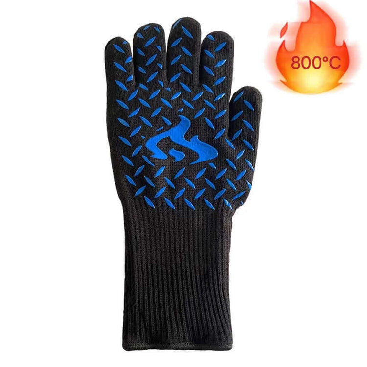 Heatproof BBQ glove with blue pattern, displaying 800°C heat resistance, ideal for grilling, cooking, baking, and handling hot pots.
