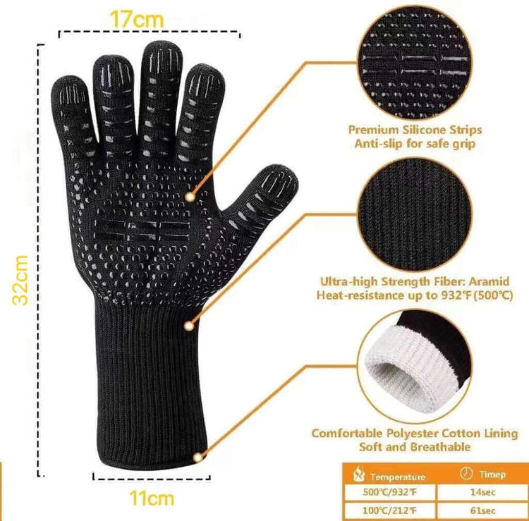 Black BBQ glove with silicone strips, aramid fiber for heat resistance up to 932°F, and comfortable polyester cotton lining.