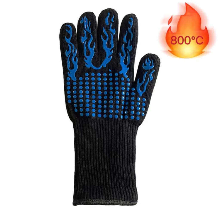 Heat-resistant BBQ glove with blue flame design and 800°C heat resistance marking, perfect for grilling, cooking, and baking.