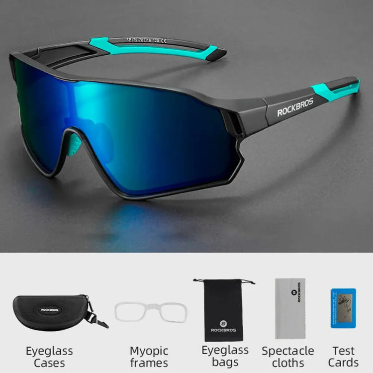 Polarized Cycling Glasses: dark gray and teal frame, blue lenses, with accessories