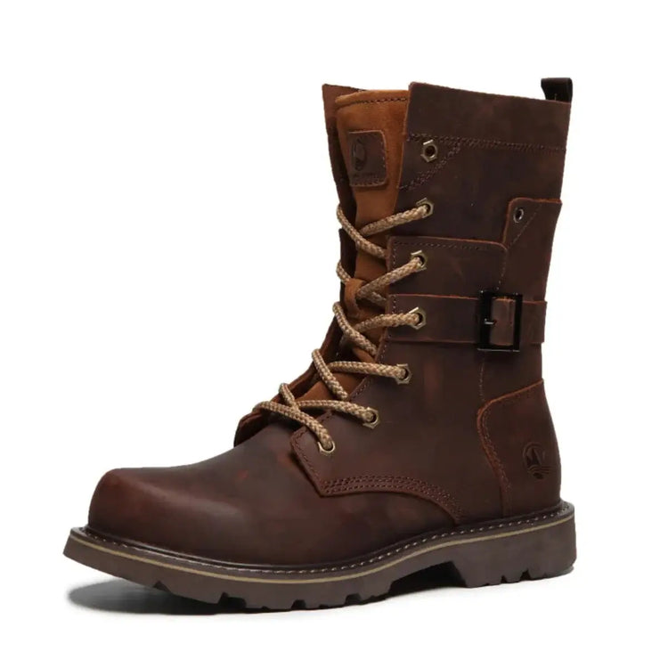 Brown full-grain leather hiking boot with fur lining, featuring lace-up closure, buckle strap, rugged outsole, detailed stitching, and padded collar against a white background.