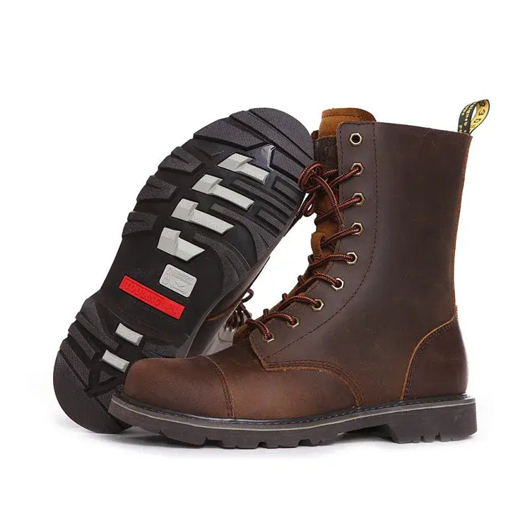 This image showcases Brown leather boots, One boot is standing upright, showing its side profile and lacing, while the other is positioned sole-up, revealing the textured