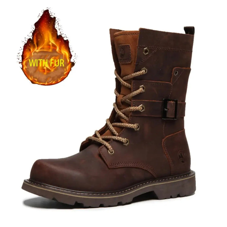 Brown full-grain leather hiking boot with fur lining, lace-up closure, buckle strap, and rugged outsole, depicted against a white background.