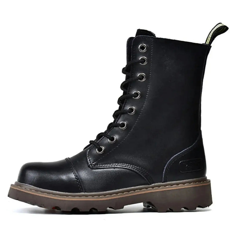Side view of a black leather lace-up boot with distinct black toe cap, metal eyelets, and yellow pull tab against a white background.