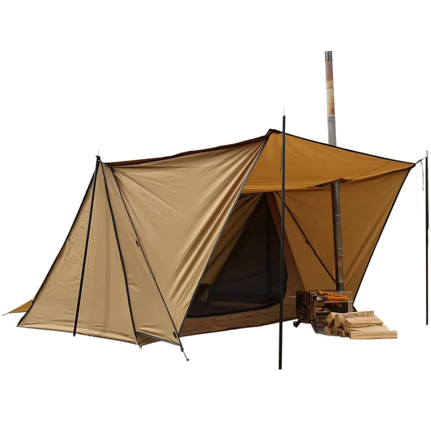Durable cotton canvas backpacking tent with stove jack, designed for outdoor camping and four-season use.