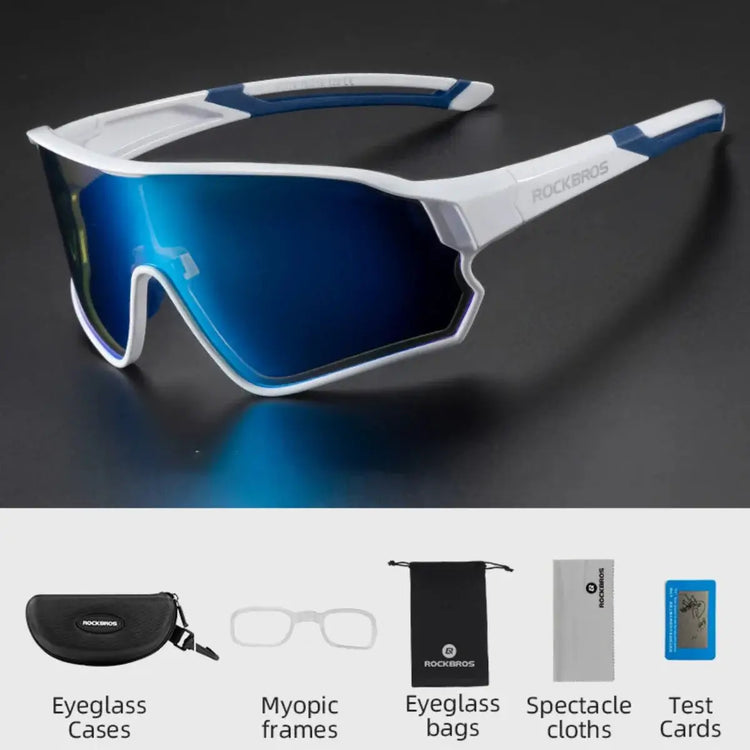 Polarized Cycling Glasses: white and blue frame, blue lenses, with accessories