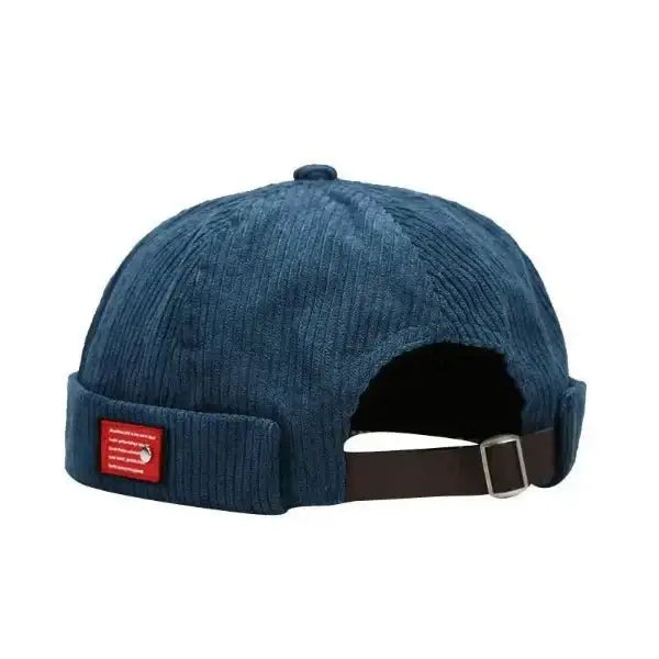 Navy blue corduroy brimless hat with adjustable strap, foldable design for easy storage, perfect for men and women, stylish and comfortable beanie cap
